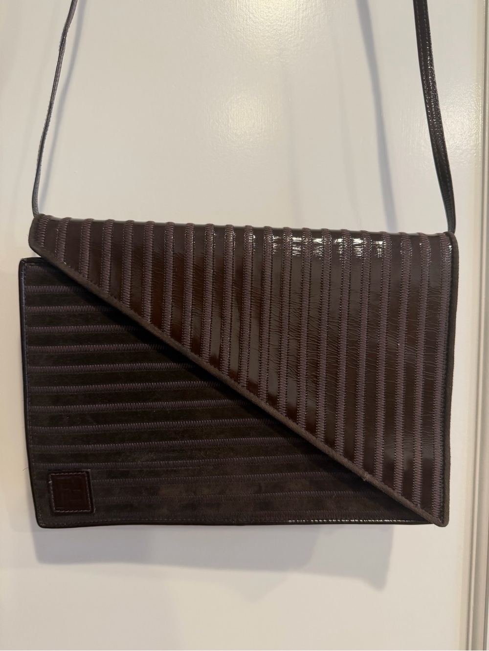 Vintage Fendi Asymmetric Suede Crossbody Bag Clutch Brown Leather Interior